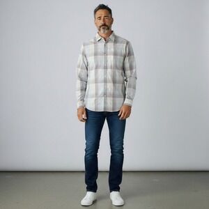 Flag & Anthem Men's Plaid Light Gray Blue White Button Up Cotton Shirt Size L